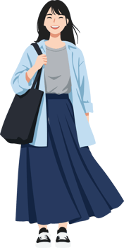 Smiling Woman with Tote Bag, Skirt, and Open Shirt png