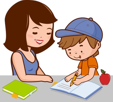 mother and a child sitting on the desk and studying for school. Mother or teacher helping her child with his homework. Parent helps student kid at home with study. vector