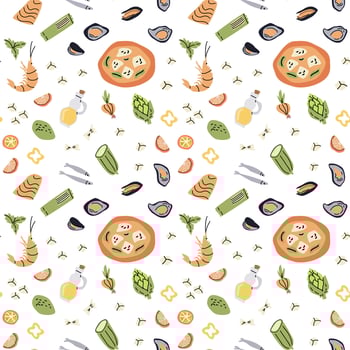 Mediterranean cuisine pattern with seafood and fresh ingredients for culinary design vector