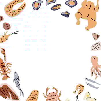 Mediterranean cuisine border design featuring seafood elements for culinary decor vector