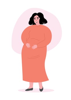 Pregnant woman with a big belly waiting for the birth of a child stands in a full-length dress. flat graphics. vector