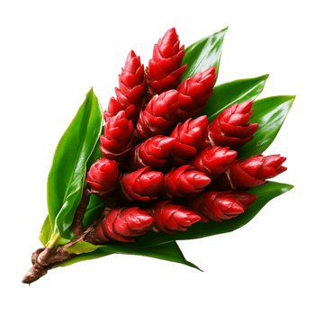 Vibrant Red Flower Cluster with Lush Green Leaves in Natural Light Setting png