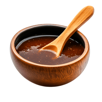 Wooden Bowl with Rich Dark Sauce and Spoon Background for Culinary Use png