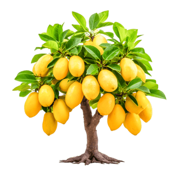Lush Mango Tree with Ripe Yellow Mangoes Surrounded by Vibrant Green Leaves png