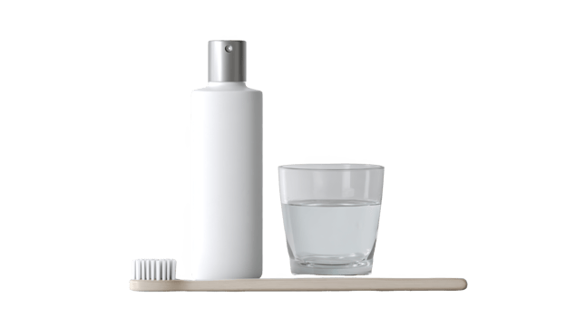 Mouthwash, toothbrush and glass of water promoting oral hygiene on transparent background png