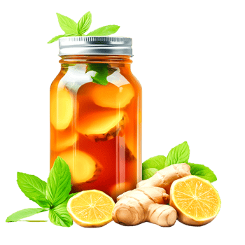 Refreshing Ginger Lemon Tea in Glass Jar with Fresh Mint Leaves and Lemon Wedges png
