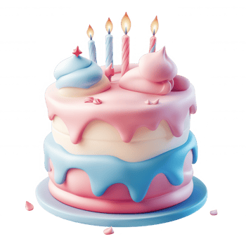 background icon of a pink birthday 3d with blue icing, lit candles, cherries, and colorful candies, isolated on transparent cake png