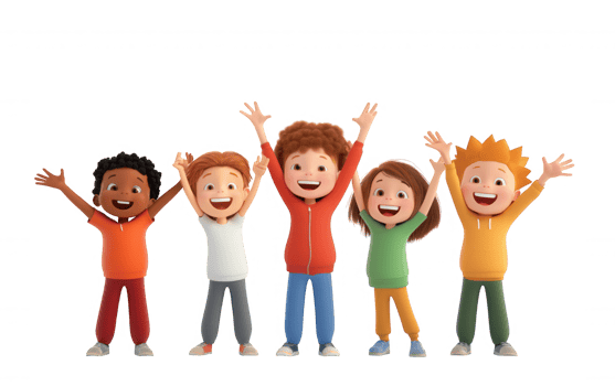 3d icon Cheerful elementary students wearing backpacks, smiling and waving, standing against clean minimalist background png