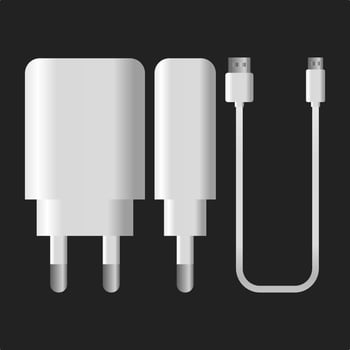 White Mobile Phone Battery Charger. Charger Front and Side View. Charger on White Background. vector