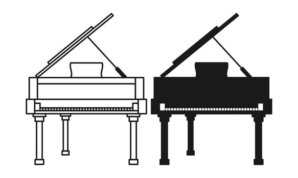 Flat Black Grand Piano and Outline Style. Elegant Piano Icon on White Background. vector