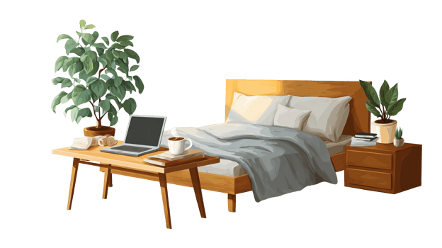 Inviting bedroom setting with work desk and plants on transparent background png