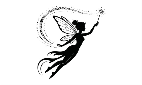 Silhouetted fairy flying with magic wand sparkles vector