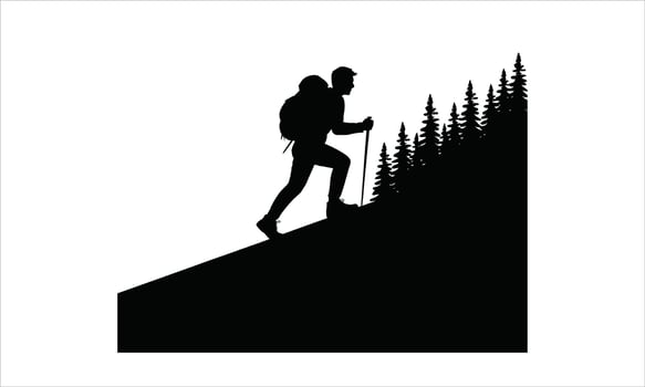 Hiker ascending mountain silhouette landscape vector