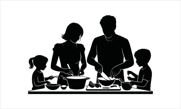 Family cooking together in the kitchen silhouette vector