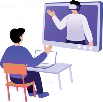 A flat style illustration showing a character doing vr learning vector