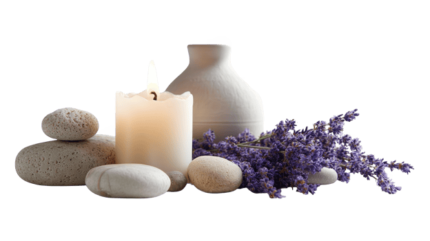Burning candle, lavender flowers, stones and vase creating relaxing atmosphere on transparent background png