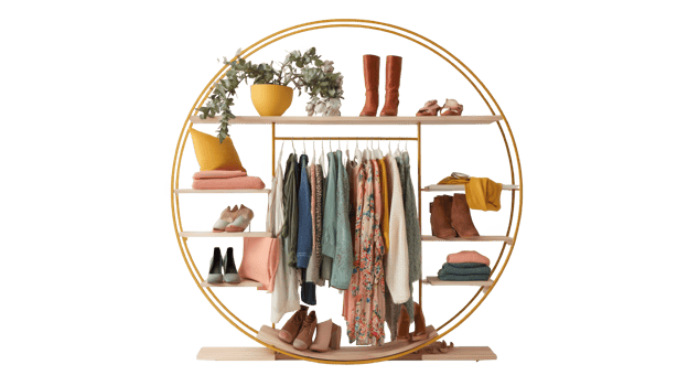 Circular clothing rack displaying fashionable women's apparel and accessories on transparent background png