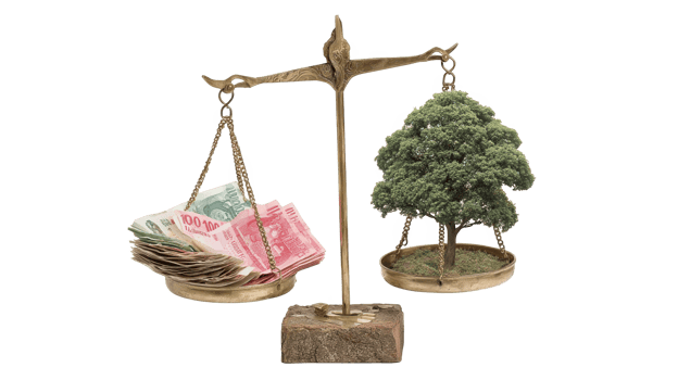 Balancing money and nature, scales weighing cash and tree on transparent background png