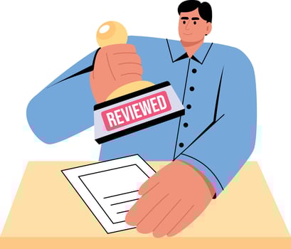 Flat style illustration showing a recruiter marking a reviewed stamp vector