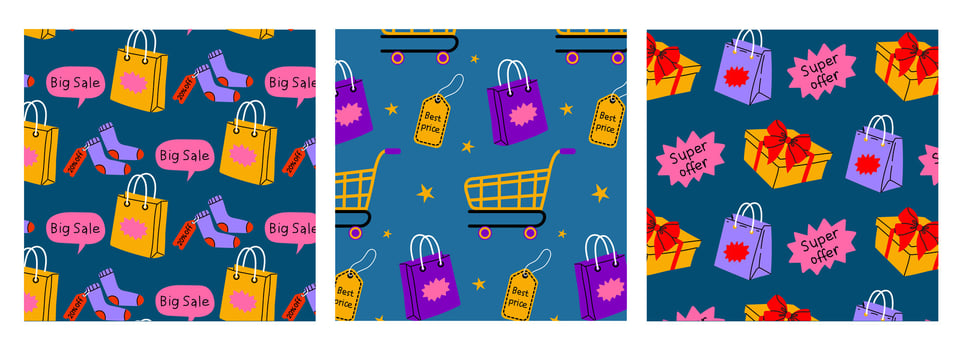 Colorful shopping patterns featuring bags, gift boxes, and promotional tags creating a vibrant design for a special sale vector