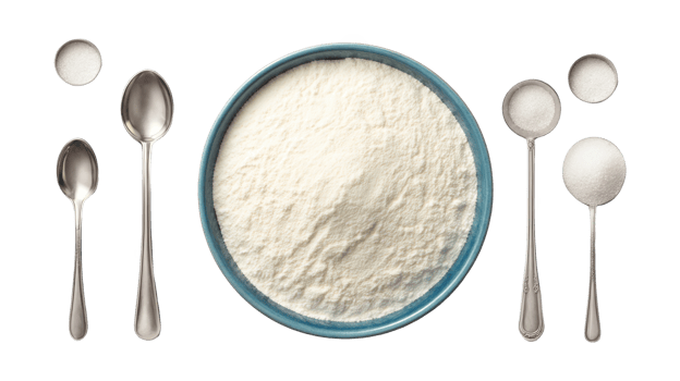 Bowl of flour, spoons and measured sugar on transparent background png