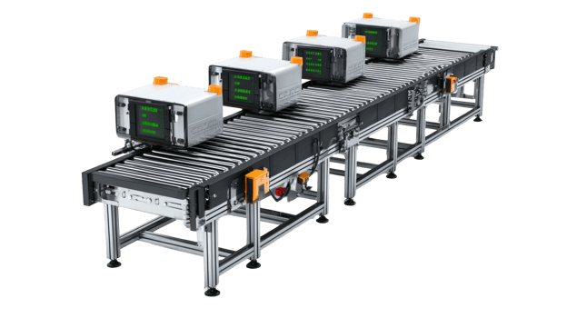 Conveyor belt transporting packages with integrated smart camera system on transparent background png
