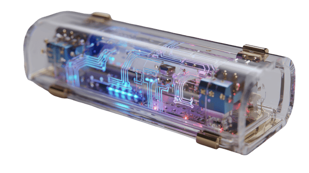 Sleek transparent electronic device with glowing circuitry on transparent background png