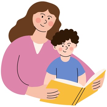 Mother reads a book to her son. Time with family at home. A little boy sitting on his moms lap as they read together. llustration of home activities. vector