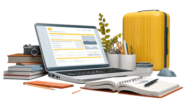 Open laptop showing website with luggage and school supplies on transparent background png