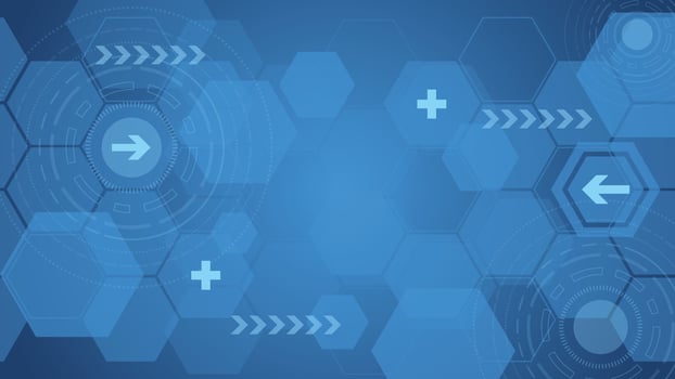 A vibrant blue abstract background featuring a futuristic hexagonal pattern with arrows, circular elements, and plus symbols. Ideal for technology, business, or creative projects. vector