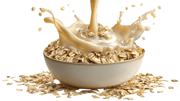 Oat milk splashing into bowl of oats on transparent background png
