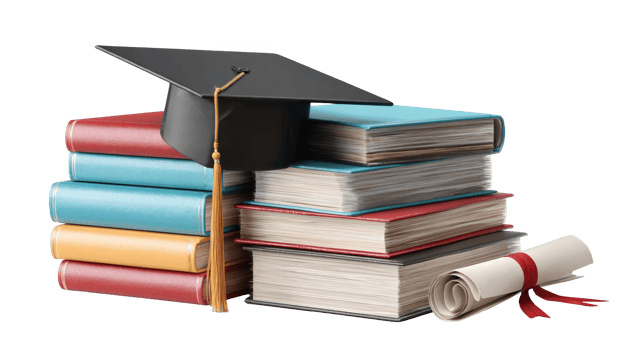 Graduation cap and diploma resting on a stack of books with transparent background png
