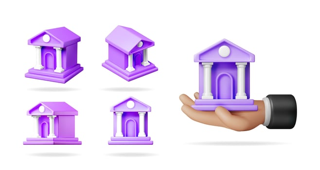 Collection of 3d purple bank building icons and a hand holding a bank house. Banking and finance concept. Investment and savings theme. vector