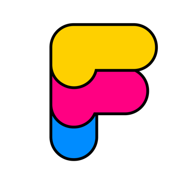 Bold and Playful F Letter Logo Design with Rounded Yellow, Pink, and Blue Overlapping Geometric Elements png