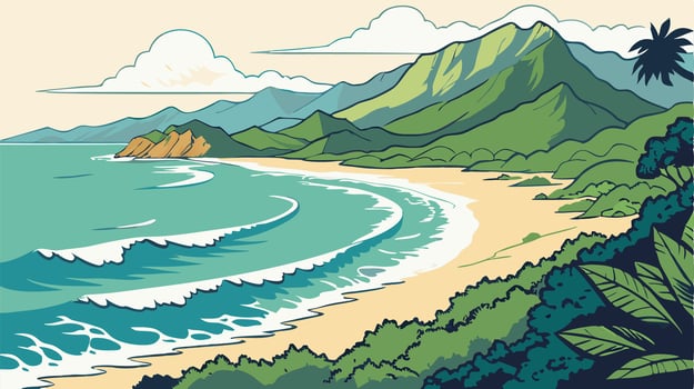 Serene Beach Landscape Tropical Ocean, Mountains, and Lush Greenery vector