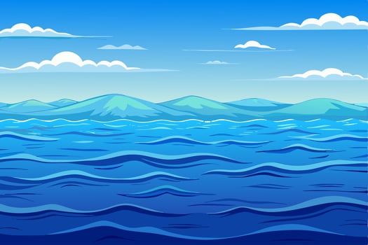 Ocean Landscape Blue Waves, Mountains, Sky Background vector