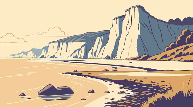Stunning Coastal Cliffs Beach Scene, Calm Ocean, White Cliffs of Dover, England vector