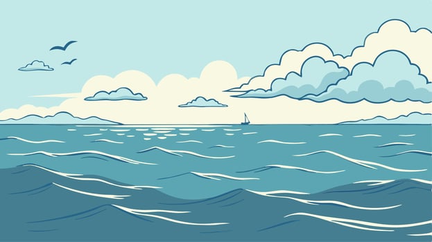 Ocean waves, sailboat, clouds, seascape illustration vector