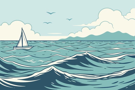 Sailboat on Ocean Waves, Seascape Illustration vector