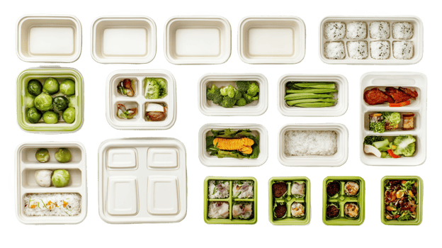 Overhead view of food delivery containers with transparent background png