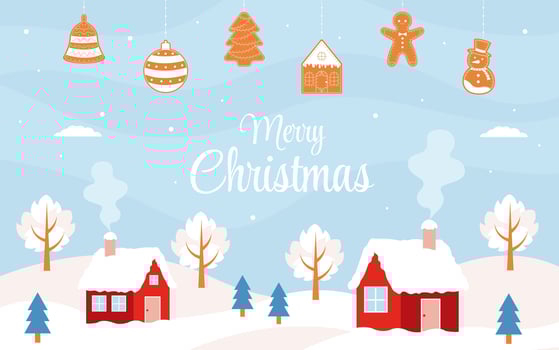 Christmas landscape. Winter scenery with village. Merry christmas background with cute winter landscape and gingerbreads. vector