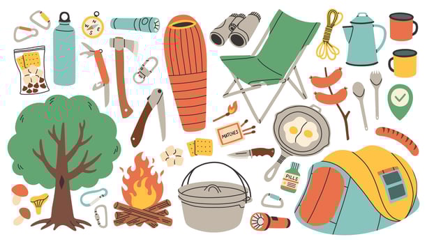Camping and hiking simple set. Hand drawn elements outfit, tent, campfire, tree, sleeping bag. Perfect for scrapbooking, craft projects, posters, tags, sticker kit. vector