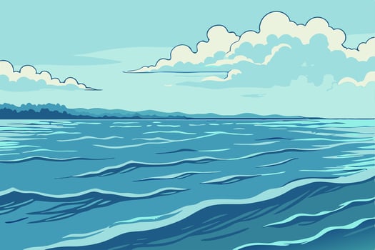 Calm Ocean Scene Blue Water, Clouds, and Distant Shore vector