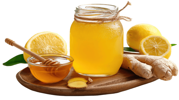 Honey, lemon and ginger sitting on rustic wooden table with transparent background png
