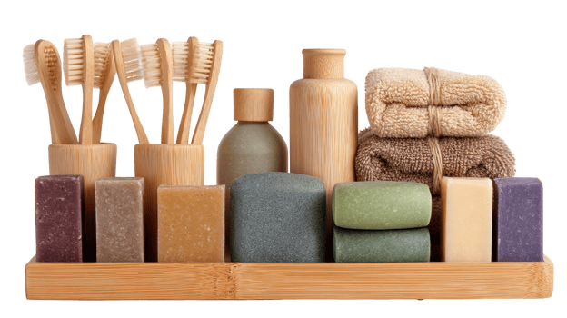 Eco friendly toiletries promoting sustainable bathroom practices on transparent background png