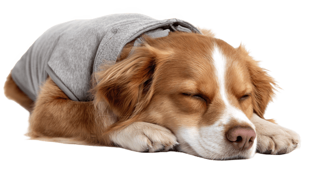 Cute kooikerhondje dog sleeping peacefully wearing gray hoodie png