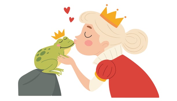 Cute princess kisses frog. Enchanted frog. Frog is pleasuring with pleasure. Children illustration on white background vector