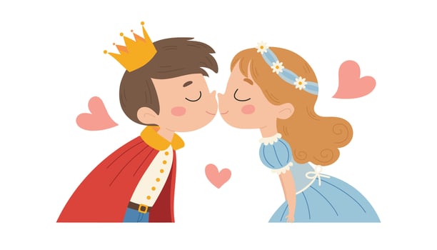 Cute princess and prince reach out to each other for a kiss. Shyness,first love. Children illustration on white background vector