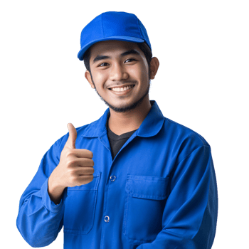 Service man in blue giving a confident thumbs up png