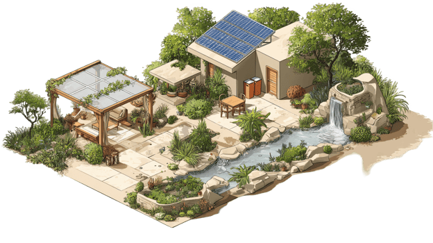 Sustainable backyard with solar panels, pergola, and waterfall on transparent background png